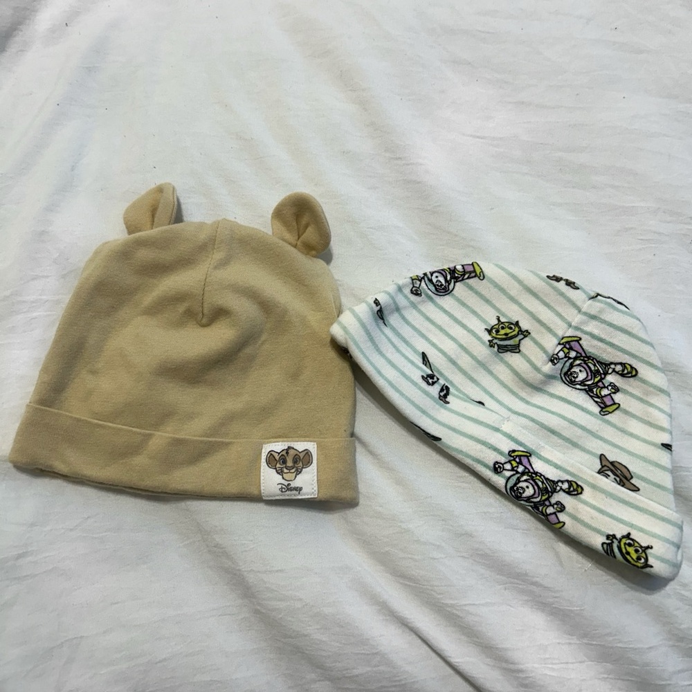 Disney Tan Bear-Ear Hat & White Mint Toy Story Stripe Beanie Set